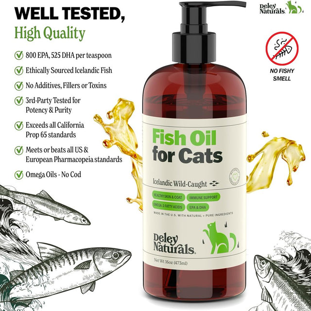 Deley Naturals Wild Fish Oil Liquid Food Supplement for Cats - Supports Skin, Immune System, 16 Oz