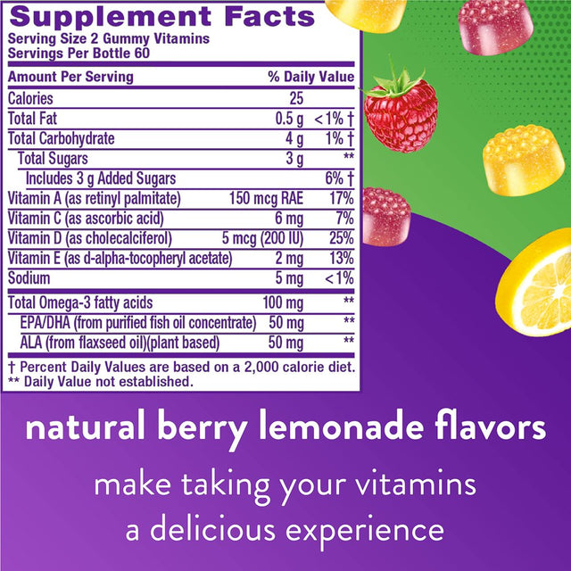 Vitafusion Omega-3 Gummy Vitamins, Berry Lemonade Flavored, Heart Health Vitamins(1) with Omega 3 EPA/DHA and Vitamins A, C, D and E, America’S Number 1 Gummy Vitamin Brand, 60 Day Supply, 120 Count