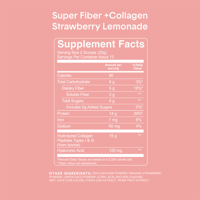 Bellway Super Fiber + Collagen, Sugar-Free Psyllium Husk Fiber Supplement, Strawberry Lemonade, 11.5 Oz