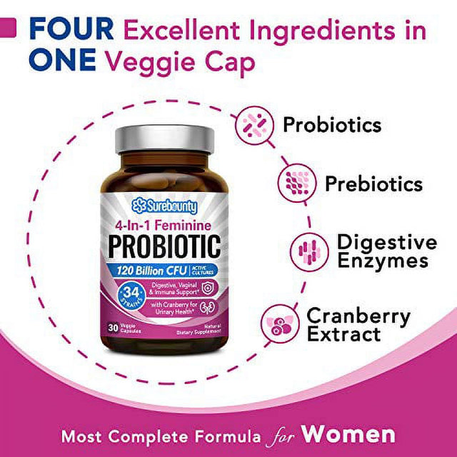 Surebounty 4-In-1 Feminine Probiotic, 120 Billion CFU + 34 Strains, Highest Potency for Women, Prebiotics + Digestive Enzymes + Cranberry, Digestive, Vaginal, Mood, Immune & Overall Support,