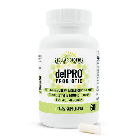 Stellar Biotics - Delpro™ PROBIOTIC (Enhanced with Del-Immune V®) - Powerful Probiotic & Prebiotic Blend - Promotes Optimal Gut Health & Digestion - Balances Immune System & Mood (60 Capsules)