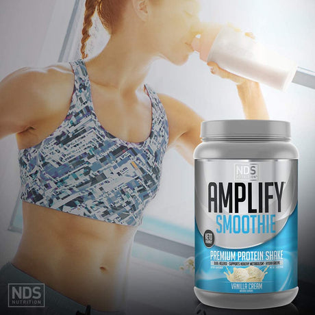 NDS Nutrition Amplify Smoothie Premium Whey Protein Powder Shake with Added Greens and Amino Acids - Build Lean Muscle, Gain Strength, Lasting Energy, and Lose Fat - Vanilla (30 Servings)