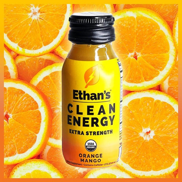 Ethan'S Organic Clean Energy Shots Orange Mango, Sugar Free Natural Pre-Workout Focus Boost, Gluten Free, Vegan, B6 & B12 Vitamin C with Green Tea Extract and Guayusa (24 Pack of 2Oz Shots)