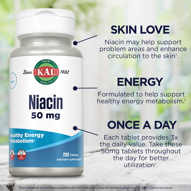 KAL Niacin 50Mg | One Daily | Healthy Metabolism, Skin, Nerves & Digestive Tract Support | Vegetarian | 200 Tablets