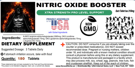 Nitric Oxide Level Support Booster - Pro Xtra Strength Muscle Pump - L-Arginine, AAKG 3150Mg Non GMO 180 Tabs