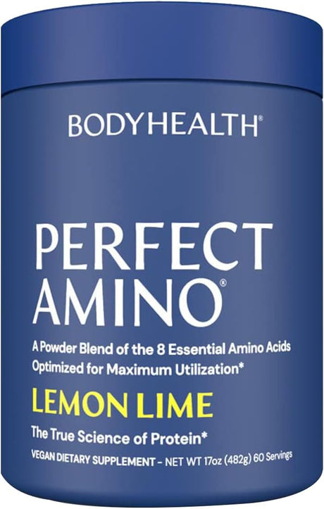 Bodyhealth Perfectamino Powder Lemon Lime (60 Servings) Best Pre/Post Workout Recovery Drink, 8 Essential Amino Acids Energy Supplement with 50% Bcaas, 100% Organic, 99% Utilization