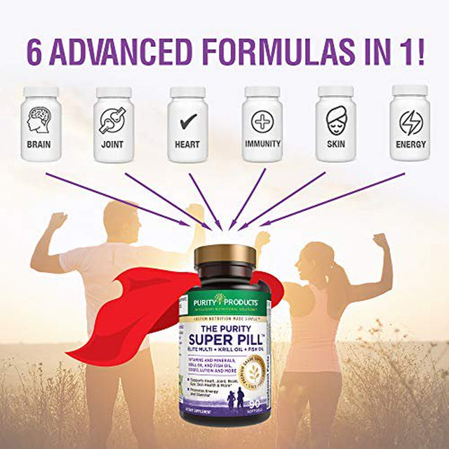 Purity Super Pill - Purity Products - Elite Multi + Krill Oil + Fish Oil - Vitamins + Minerals, Coq10, Lutein - 6 Advanced Formulas in 1 Supports Healthy Brain, Joints, Heart + More - 90 Ct.