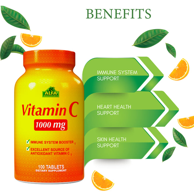 ALFA VITAMINS Vitamin C Supplement with 1000Mg - Powerful Antioxidant - Immune Booster - Protection from Common Cold - Promotes Healthy Skin - 100 Tablets Bottle - 2 Pack