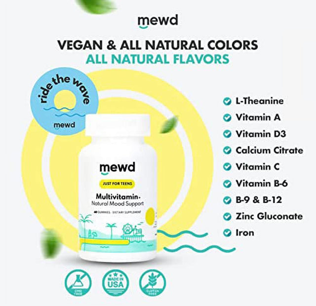 MEWD Teen and Kids Daily Multivitamin Gummy with Natural Mood Enhancer,Vegan,Immune System Booster Supplement,Kids Vitamin with Iron,Zinc,Gluten Free-Focus Vitamin for Kids-Brain Health-Made in USA