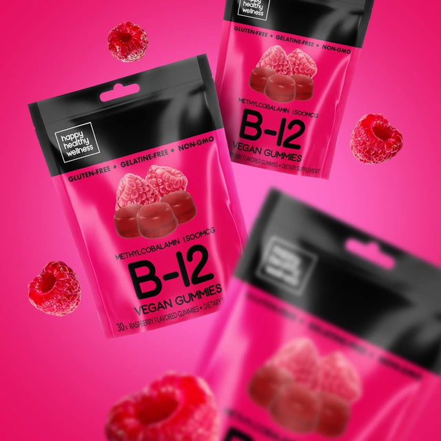 Happy Healthy Wellness B-12 Vegan Gummies for Women - Gelatin & Gluten Free Chewable Gummy for Immune Support & Digestion - Perfect Dietary Supplement - Raspberry