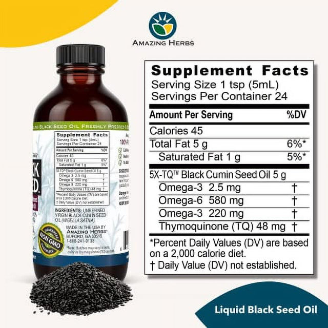 Amazing Herbs Premium Black Seed Oil - Cold Pressed Nigella Sativa Aids in Digestive Health, Immune Support, Brain Function, Joint Mobility, Gluten Free, Non GMO - 4 Fl Oz