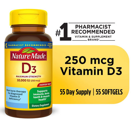 Nature Made Maximum Strength Vitamin D3 10000 IU (250 Mcg) Softgels, Dietary Supplement, 55 Count