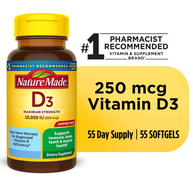 Nature Made Maximum Strength Vitamin D3 10000 IU (250 Mcg) Softgels, Dietary Supplement, 55 Count