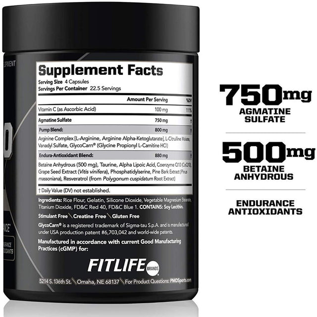 PMD Sports Nitro Cm - Nitric Oxide with Agmatine Pre Workout Supplement - Muscle Growth Pre-Workout with L Arginine - Endurance Boost for Hardcore Exercise, Training, and Bodybuilding - (90 Capsules)