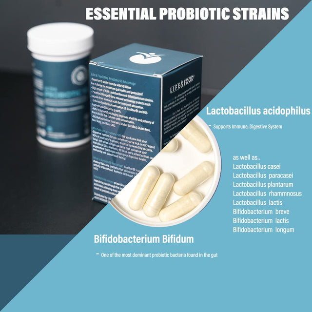 Life & Food Ultra Probiotic 50 Billion CFU W/ Sunfiber Prebiotics - Once Daily Time Release Caps, Shelf Life Protection (60Ct)