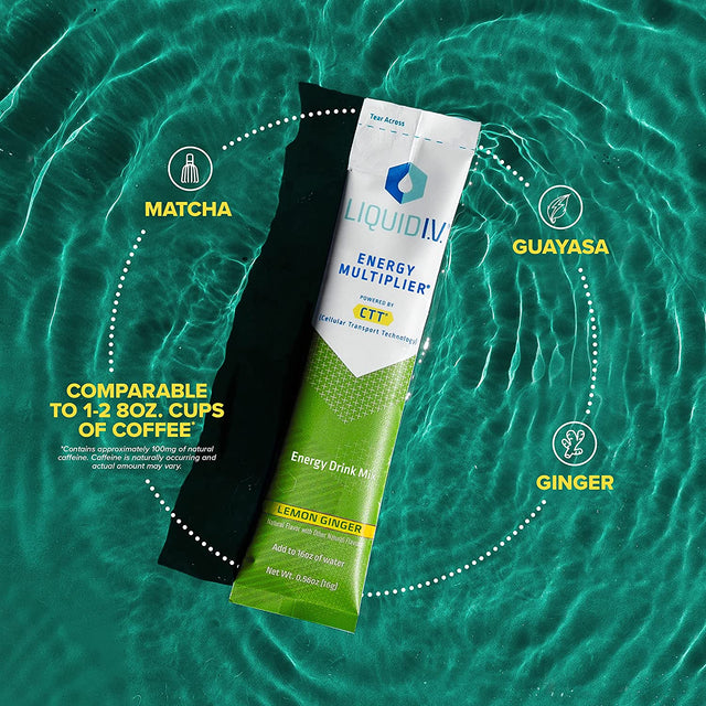 Liquid I.V. Hydration + Energy Multiplier - Lemon Ginger - Hydration Powder Packets | Electrolyte Drink Mix | Easy Open Single-Serving Stick | Non-Gmo | 14 Sticks