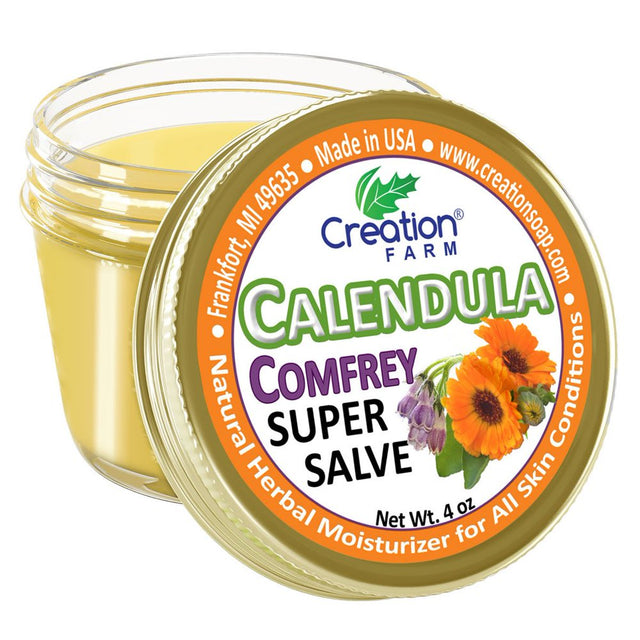 Creation Farm Calendula Comfrey Salve Jar 4 Oz, Herbal Skin Rash Ointment, Wound Treatment