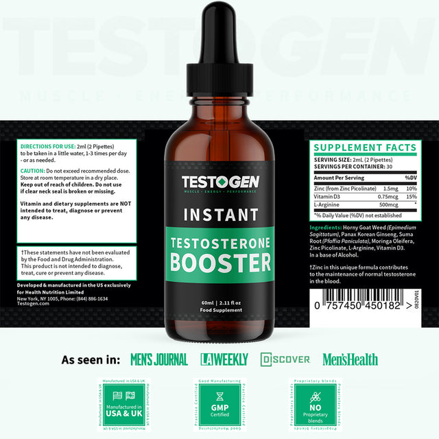 Testogen Testosterone Booster Drops for Men, 30 Day Supply, Herbal Supplement to Boost Testosterone Levels Fast