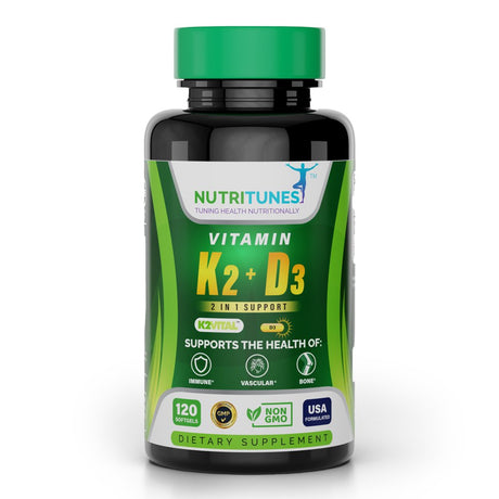 Nutritunes Vitamin K2 + D3 (120 Softgels) | 2 in 1 Formula Supports Cardiovascular, Immune, and Bone Health - Non-Gmo, Gmp-Certified, and Allergen Free