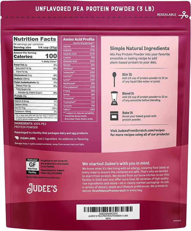 Judee’S Unflavored Pea Protein Powder (80% Protein) 3 Lb - 100% Non-Gmo, Keto-Friendly, Vegan - Dairy-Free, Soy-Free, Gluten-Free and Nut-Free - Easily Dissolve in Liquids