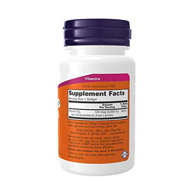 NOW Foods Supplements, Vitamin D-3 5,000 IU, High Potency, Structural Support*, 240 Softgels