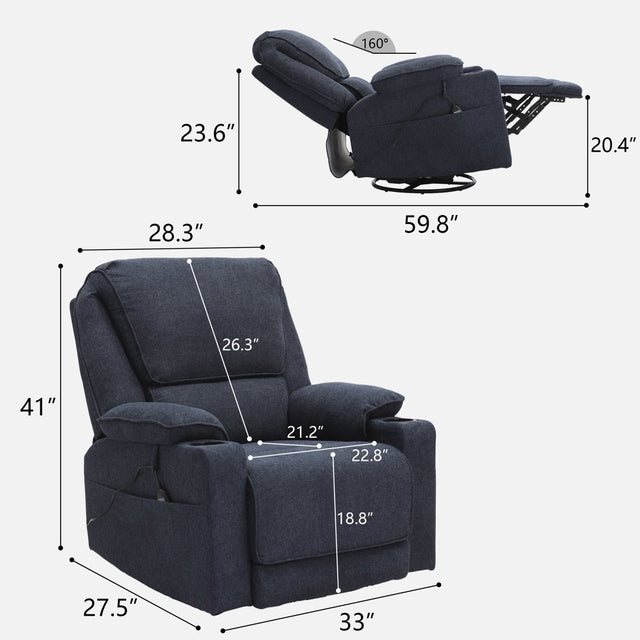 KIGOTY Rocking Recliner Chair, 360 Degree Swivel Massage Sofa Chair with Heating, Linen Cotton Fabric Ergonomic Lounge Chair with 2 Cup Holders & Side Pockets for Living Room Home Theater, Navy Blue