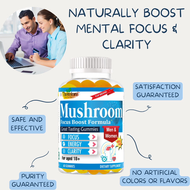 Mushroom Brain Health Gummy Vitamins for Men & Women | Brain Supplements for Memory and Focus, Promotes Mental Clarity, Memory, and Mood, Fruity Flavor, Gluten-Free, Non-Gmo, Vegan- 60 Count