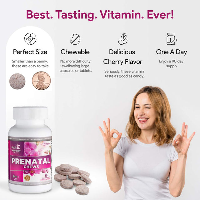 Chewable Prenatal Vitamins, 90 Count - Delicious Tasting Pregnancy Multivitamin with Folate (DFE Folic Acid), Vitamin A, C, D, E, B6, B12, Calcium, Zinc and More - Cherry Flavor - 45 Days