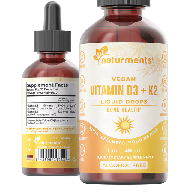 Naturments Vitamin D3 with K2 Liquid Drops (As Lichen) +K2 Complex : for Bone and Heart Health Formula Immune Support and Energy - Faster Absorption Non-Gmo, Vegan Alcohol-Free, Sugar-Free 1 Fl Oz