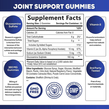 Joint Support Supplement - Extra Strength Glucosamine Joint Support Gummy - Joint Health Support & Flexibility for Back, Knees, & Hands - Vitamin E for Immune Support for Women & Men - 60 Gummies