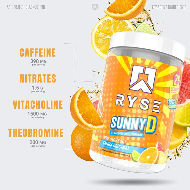 Ryse Project Blackout Pre Workout | Pump, Energy, Strength | Caffeine, Vitacholine, Nitrates, and Theobromine | 25 Servings (Sunny D Tangy Original)