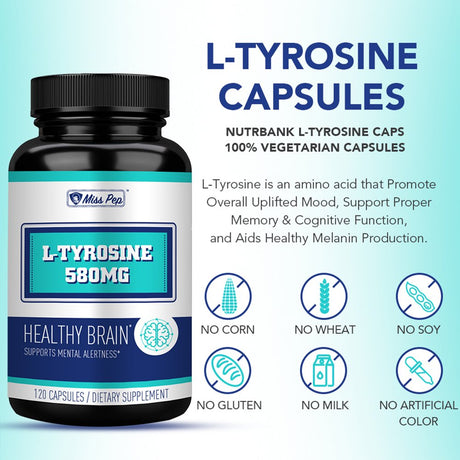 L-Tyrosine 500 Mg Supplement, Mood Support and Stress Relief, 120 Vegan Capsules, for Norepinephrine Production, Misspep Nutrition