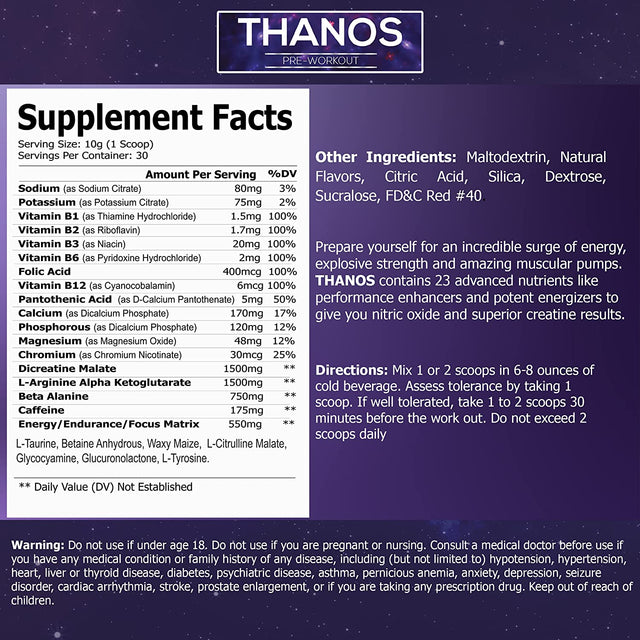 Thanos Pre-Workout Powder | Includes L-Taurine, Betaine Anhydrous, L-Arginine, L-Citrulline Malate & L-Tyrosine | Fruit Punch Flavored Preworkout | Energy Boost, Pump, & Focus - 30 Servings