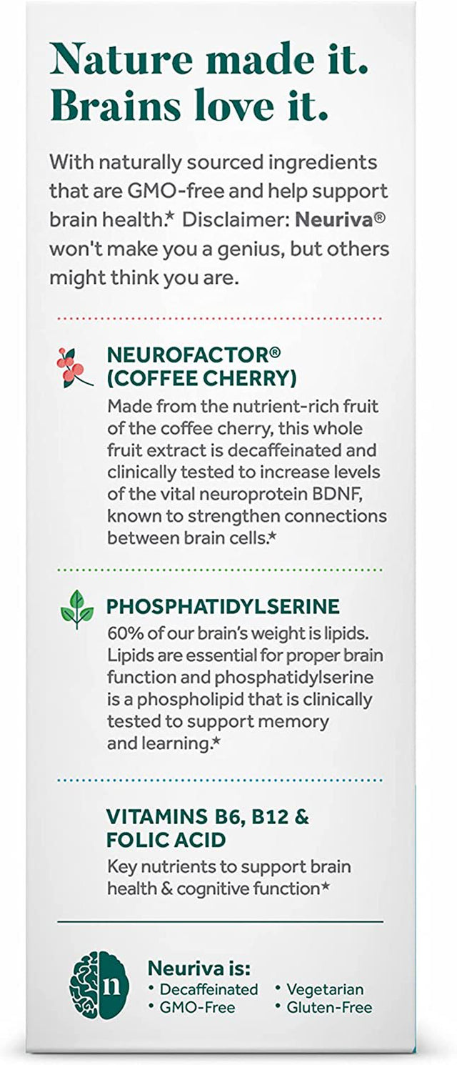 NEURIVA plus Brain Supplement for Memory, Focus & Concentration + Cognative Function with Vitamins B6 & B12 and Clinically Tested Nootropics Phosphatidylserine and Neurofactor, 30Ct Capsules