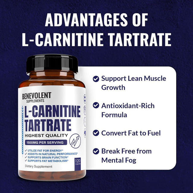 Premium L-Carnitine Tartrate Supplement - 1500Mg - Utilize Fat for Energy with Tartrate, Lean Muscle Gain, Boost Natural Energy, Support Metabolism & Fatigue, 120 Non-Gmo Pure L Carnitine Capsules