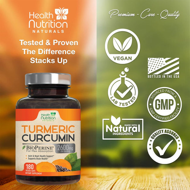 Turmeric Curcumin with Bioperine 95% Standardized Curcuminoids 2600Mg - Black Pepper for Max Absorption, Herbal Joint Support Supplement, Nature'S Non-Gmo & Gluten Free Tumeric Extract - 180 Capsules