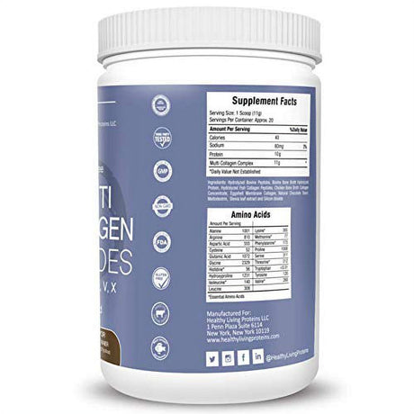 Healthy Living Proteins | Multi Hydrolyzed Collagen Peptides Type I, II, III, V, & X | Grass Fed Bovine, Wild Caught Marine, Free Range Chicken | Gluten Free (Chocolate, 8 Oz)