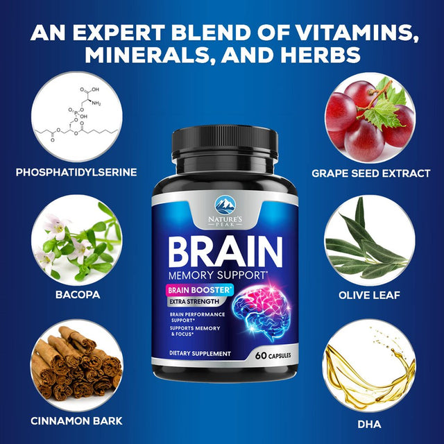 Brain Supplement for Memory and Focus, Nootropic Support for Concentration, Energy, and Brain Health with Bacopa, B Vitamins, Phosphatidylserine, DMAE, Choline, Huperzine and More - 60 Capsules