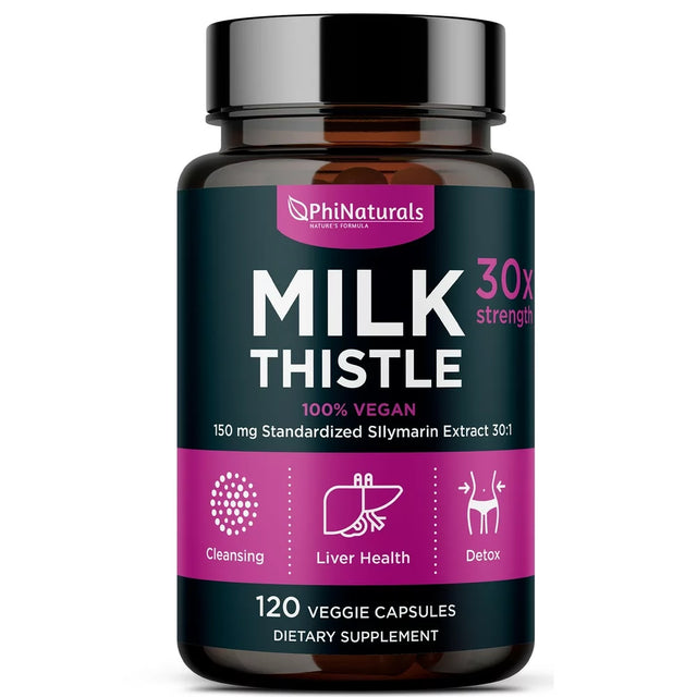 Milk Thistle Silymarin 30X Extract Supplement (Standardized 30:1) by Phi Naturals | 150 Mg per Capsule - 120 Capsules | Supports Liver Cleanse, Detox and More