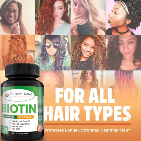 Me First Living Biotin Supplement 5,000 Mcg per Capsule, Vegan, All Natural, Hair Growth, Nail Growth & Strength and Cell Rejuvenation - 120 Capsules