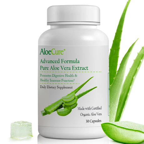 Aloecure Organic Aloe Vera Capsules, 130,000Mg Equivalent per Capsule, Trial Size (30 Capsules), Natural Stomach Acid Buffer, Vegan Digestive & Immune Supplement, Grown on Organic Farms - Aloin Free