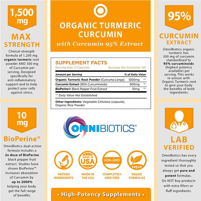 Organic Turmeric Curcumin Supplement 1500Mg 120 Vegetarian Capsules by Omnibiotics