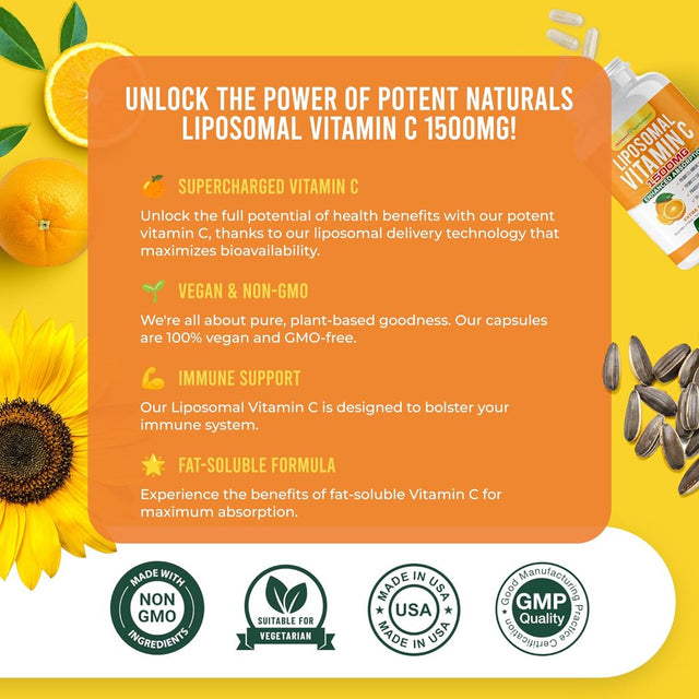 POTENT NATURALS Liposomal Vitamin C 1500Mg, Vitamin C Supplement - High Absorption Ascorbic Acid - Immune-Support Supplement & Helps Collagen Production- 180 Capsules 1500 MG