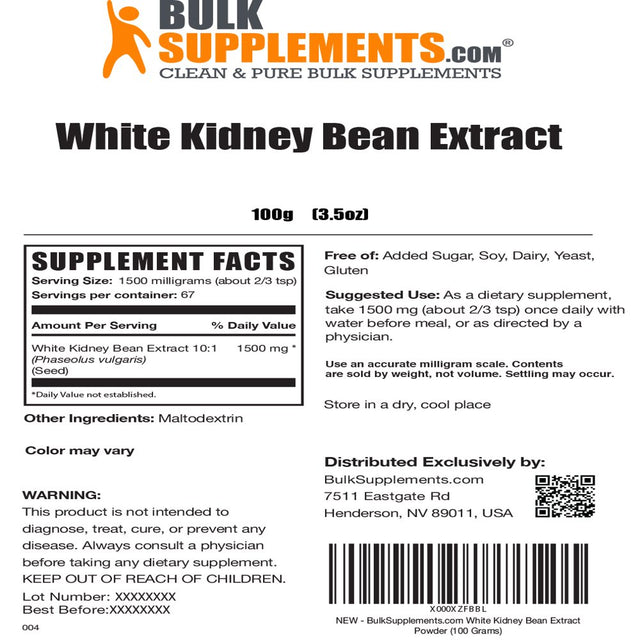 Bulksupplements.Com White Kidney Bean Extract - Carb Blocker - Keto 1500 - Lean Bean - Fat Blocker (100 Grams)