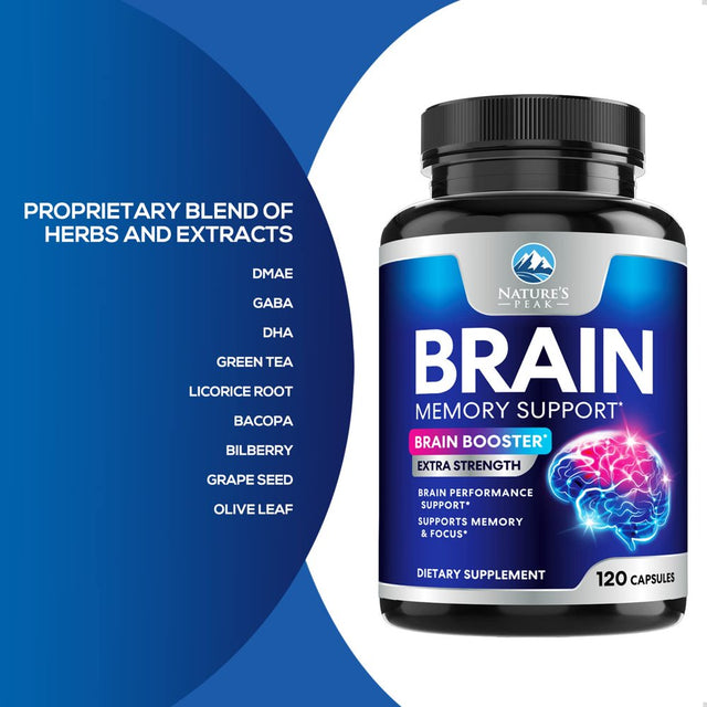 Brain Supplement for Memory and Focus, Nootropic Support for Concentration, Energy, and Brain Health with Bacopa, B Vitamins, Phosphatidylserine, DMAE, Choline, Huperzine and More - 120 Capsules