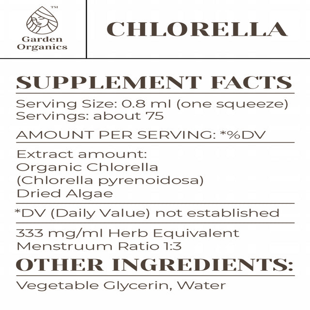 Garden Organics Chlorella Tincture Alcohol-Free Extract, Organic Chlorella (Chlorella Vulgaris) Dried Algae 2 Fl Oz