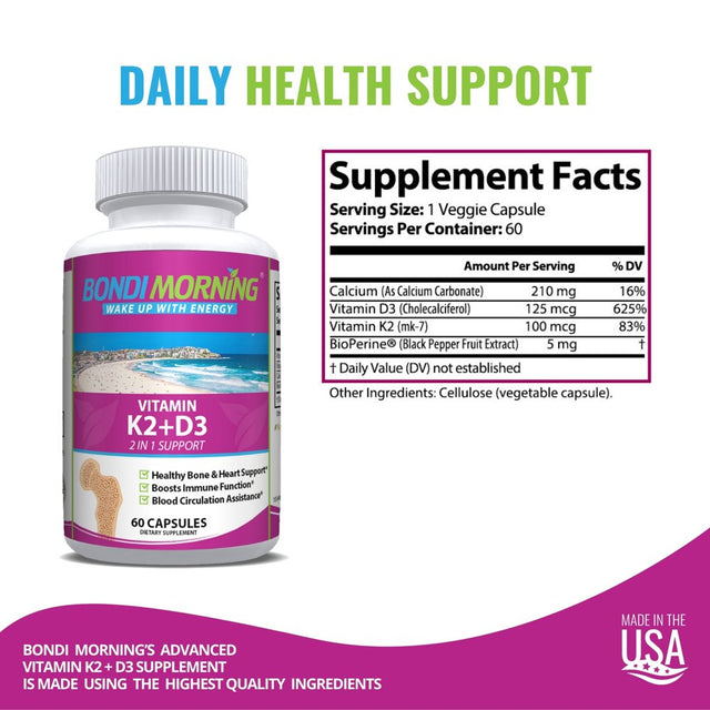 Bondi Morning Vitamin K2+D3 Supplement - High Potency 5000IU Vitamin D3 & 100Mg Vitamin K2 (MK7) - for Bone & Heart Health - 60 Vegan Capsules