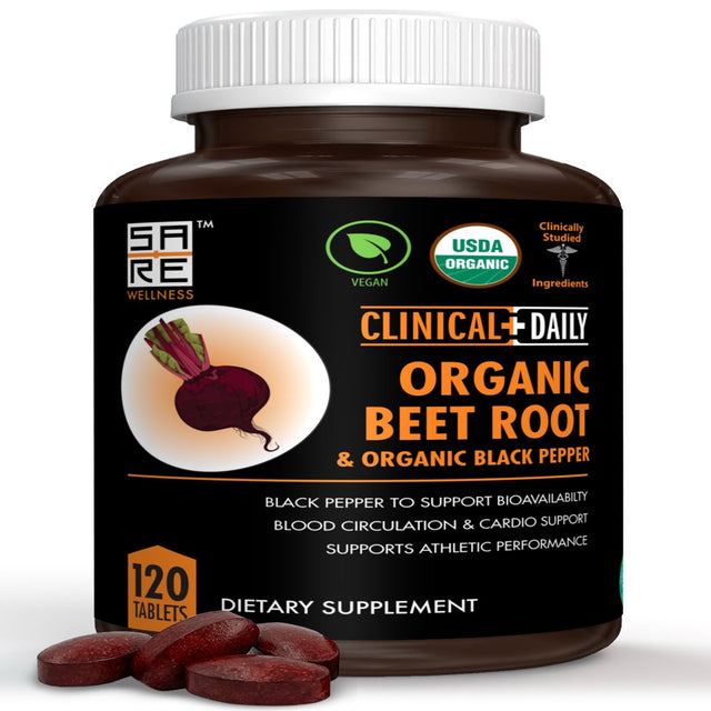 CLINICAL DAILY USDA Organic Beet Root Powder Tablets for Fast Dissolution. 1350Mg Beets Blood Circulation Supplements Support Blood Pressure, Energy, High Athletic Performance. Non-Gmo 120 Beet Pills