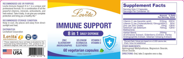 Lovita Immune Support 8 in 1, Elderberry with Zinc and Vitamin C, Vitamin D, Selenium & Echinacea, Andrographis, Siberian Ginseng - Immune Booster Supplement, 60 Vegetarian Capsules (Pack of 3)