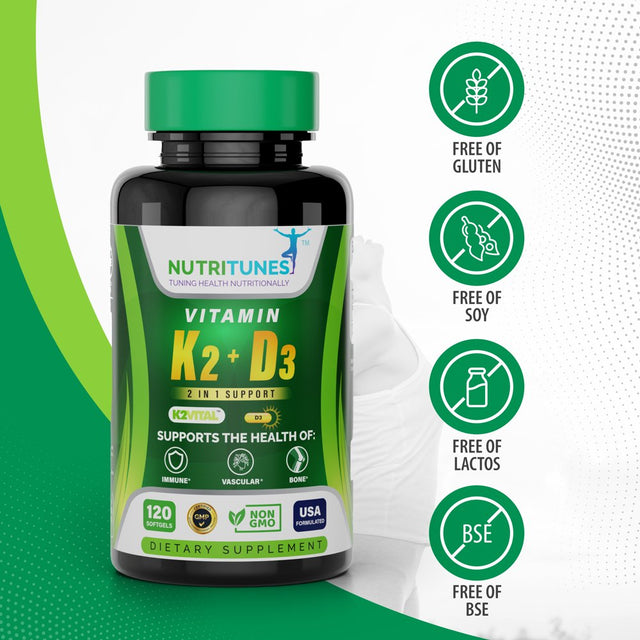 Nutritunes Vitamin K2 + D3 (120 Softgels) | 2 in 1 Formula Supports Cardiovascular, Immune, and Bone Health - Non-Gmo, Gmp-Certified, and Allergen Free